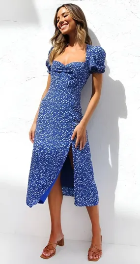 Abito Donna Scollo Cuore Mezza Manica Sbuffo Spacco Fantasia Fiori Casual