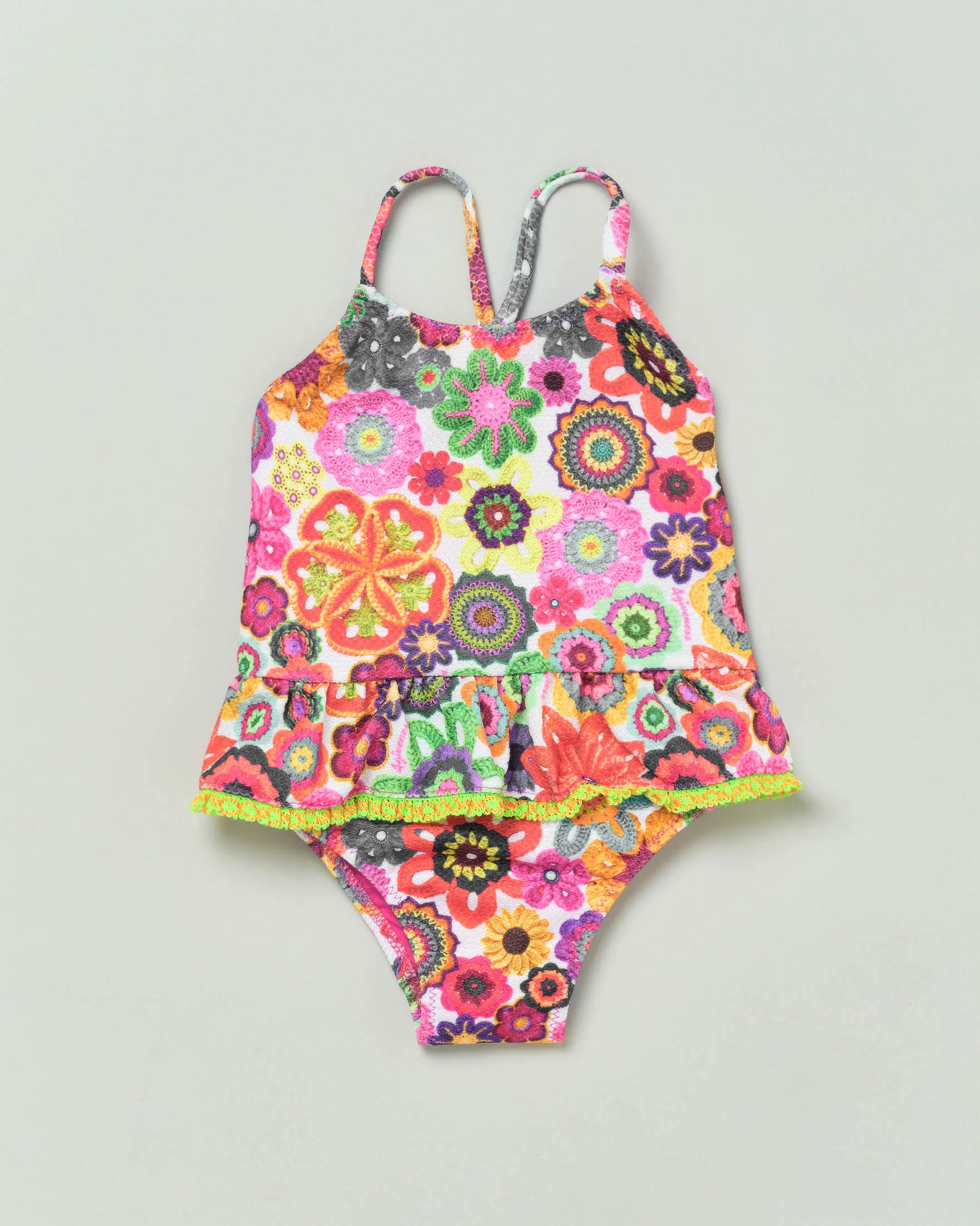 Costume intero in tessuto stretch a fantasia crochet multicolor con volant 12-36 mesi