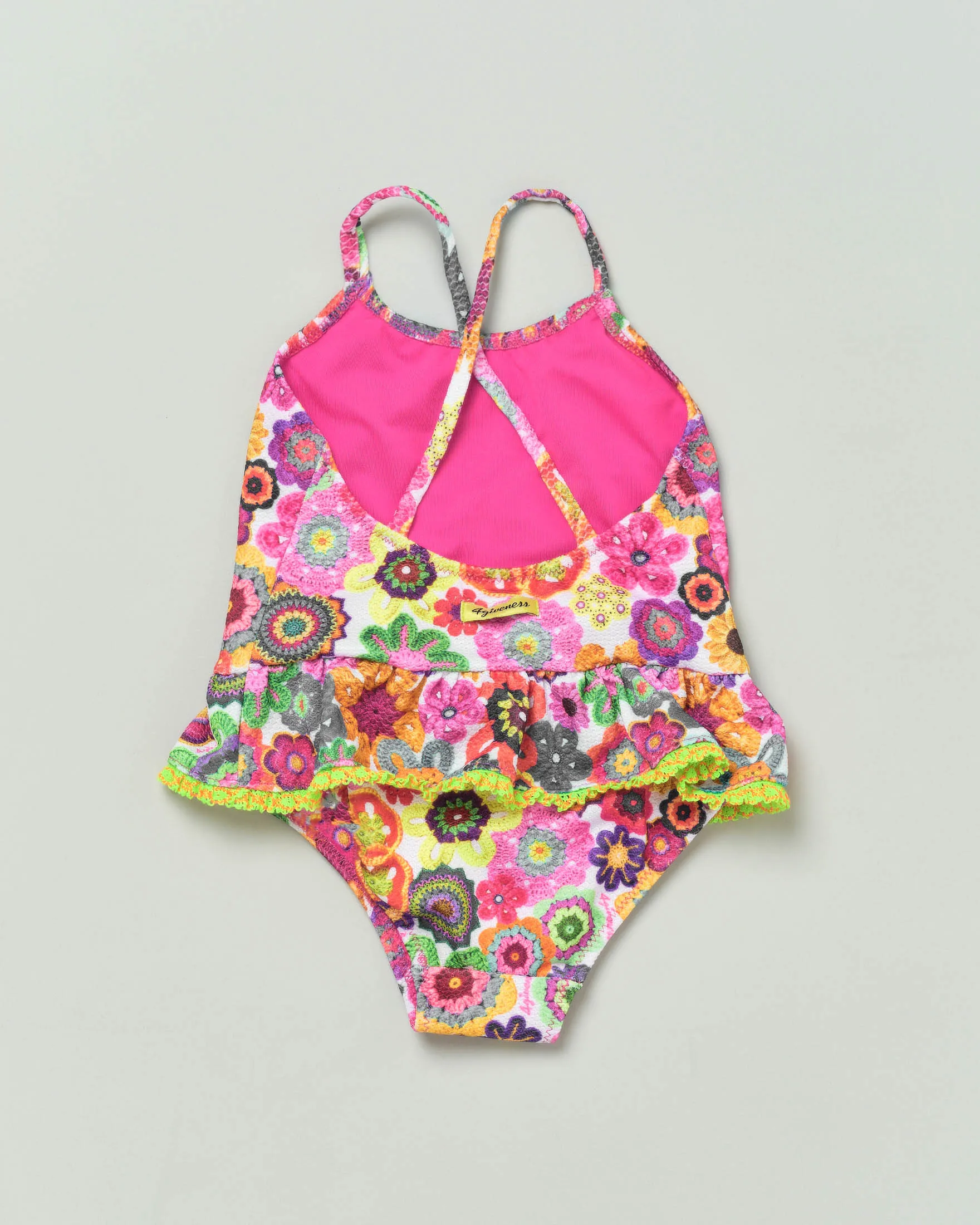 Costume intero in tessuto stretch a fantasia crochet multicolor con volant 12-36 mesi